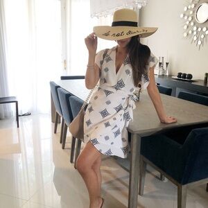 Essue White Wrap Dress with Blue Diamond Details